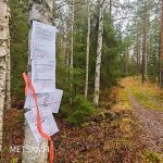 Metsätila Huikkaanmäen esitteet kiinnitettynä koivuun metsätiellä Jämsän Rasissa, Keski-Suomessa.
