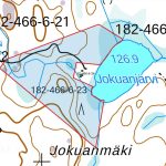 Tarkempi maastokartta myytävästä metsätilasta Jämsän Huikkaanmäessä, rajaus ja järvi näkyvissä.