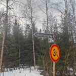 Tieopaste Mustamylly ja liikennemerkki metsätilan tieyhteyden varrella Hämeenkyrössä.