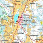 Peruskartta, jossa näkyy Uusiollilan tilan sijainti Karvian kirkonkylän ja palveluiden välittömässä läheisyydessä.