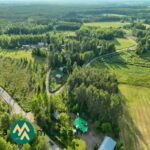 Ilmakuva omakotikiinteistön ympäristöstä metsien, peltojen ja teiden läheisyydessä