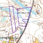 Maastokartta Hanhisuon metsätiloista. Myytävät alueet on rajattu violetilla, ja kartalla näkyvät metsätie, rautatie ja kiinteistötunnukset.